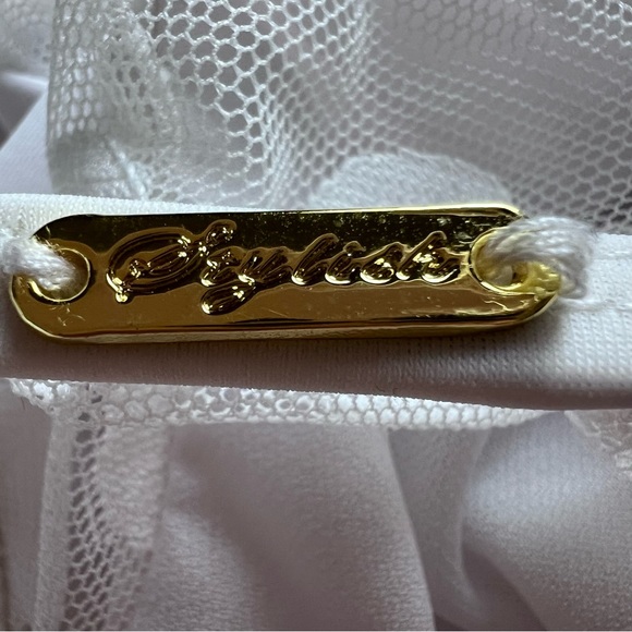 Aura White One Piece Swimsuit Sheer Panels Polka Dots Off Shoulder Size Small - Picture 10 of 11